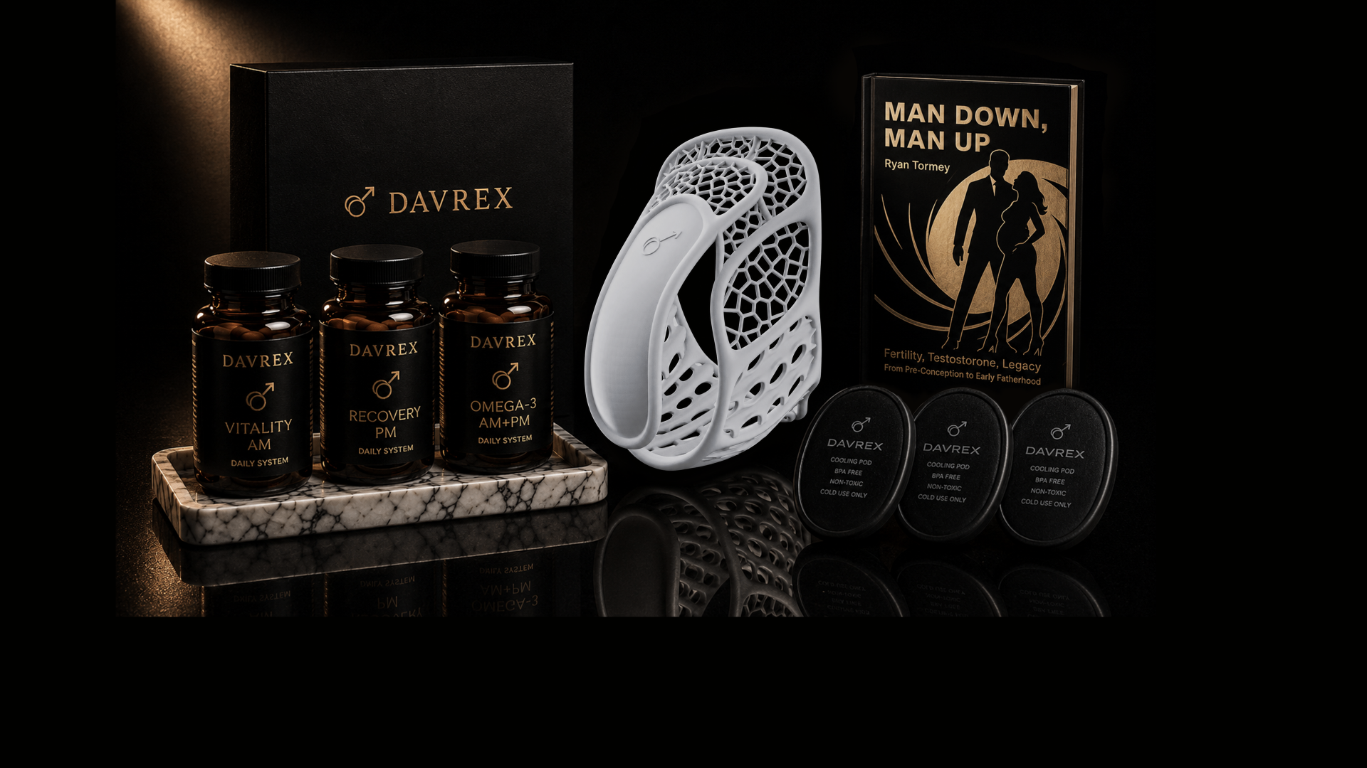 Davrex integrated system — thermoregulation wearable, Vitality AM and Recovery PM supplements, cooling therapy pods, Man Down Man Up guide, and Davrex app